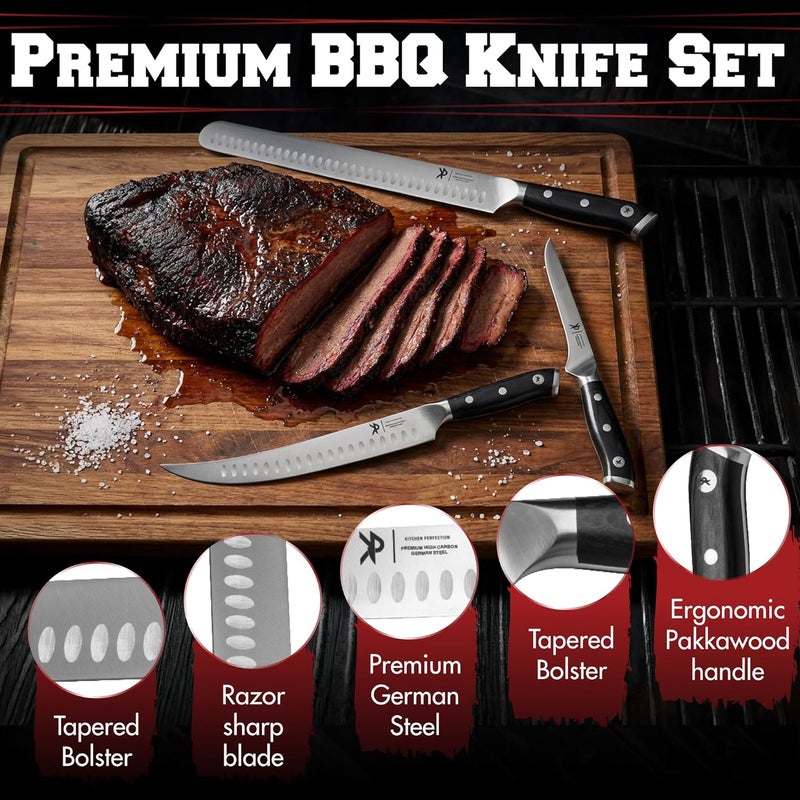 Kitchen perfection 3-Piece BBQ Slicing & Carving Meat Knife Set -12” Brisket Knife, 10” Butcher Knife, 6” Boning Knife with Sheaths -Razor Sharp German Steel,Full Tang Ergonomic Handles- Gifts for Men - Image 3